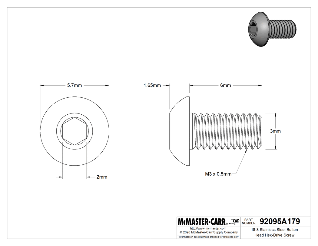 Technical Drawing of 18-8 Stainless Steel Button Head Hex-Drive Screw, M3 x 0.5 mm Thread Size, 6 mm Long.